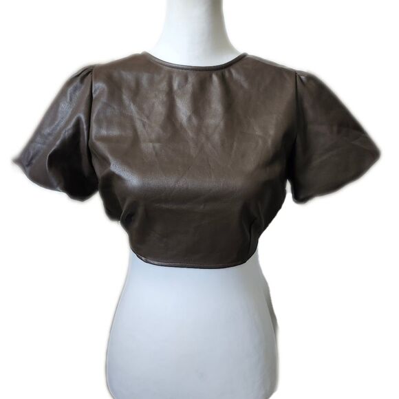 Kirious NWT Come Across It Faux Leather Crop Top, Puff Sleeves, Brown, M - Picture 5 of 11